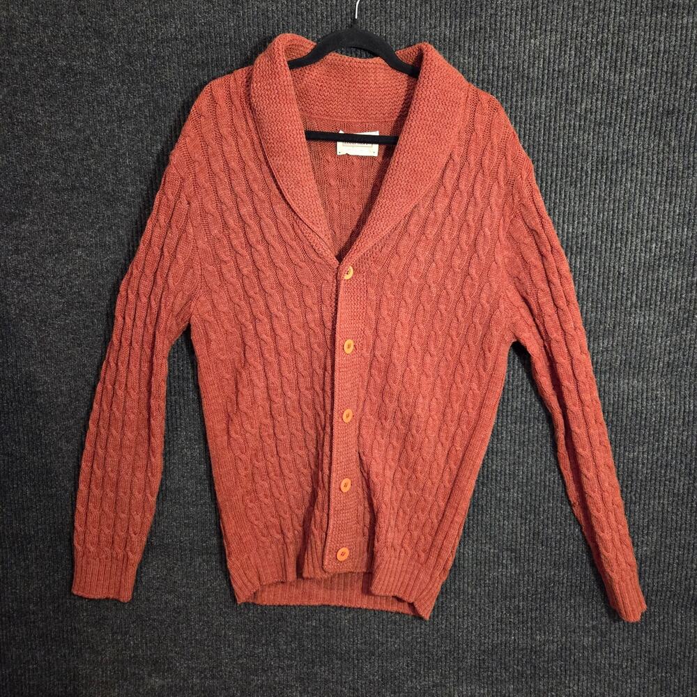 VTG 70s Lord Jeff Cable Knit Shawl Cardigan Sweater Men's L Rust Orange USA